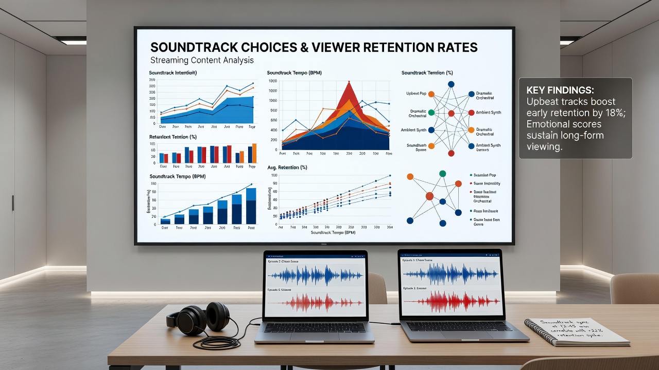 Analytics dashboard showing retention graphs overlaid with soundtrack timeline markers
