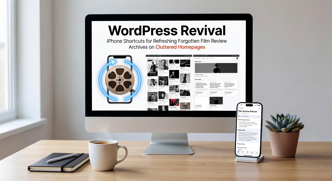 iPhone displaying a custom Shortcut app interface connected to a WordPress dashboard, showing film review posts being organized on a cluttered homepage